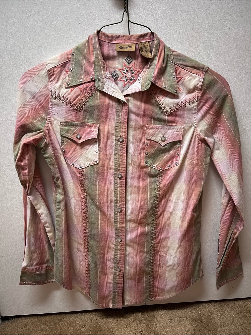 Wrangler Embroidered Striped Western Shirt - Pink & Green